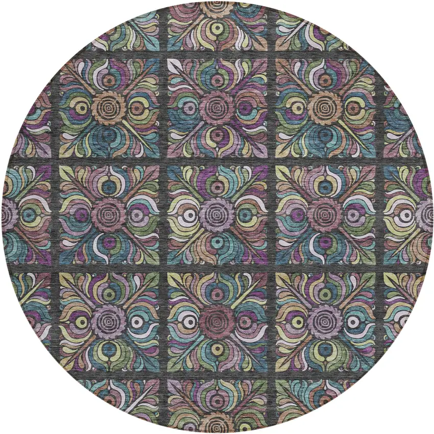 8' Black Purple And Teal Blue Round Medallion Washable Indoor Outdoor Area Rug Photo 2