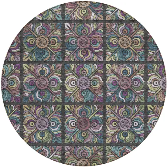 8' Black Purple And Teal Blue Round Medallion Washable Indoor Outdoor Area Rug Photo 2