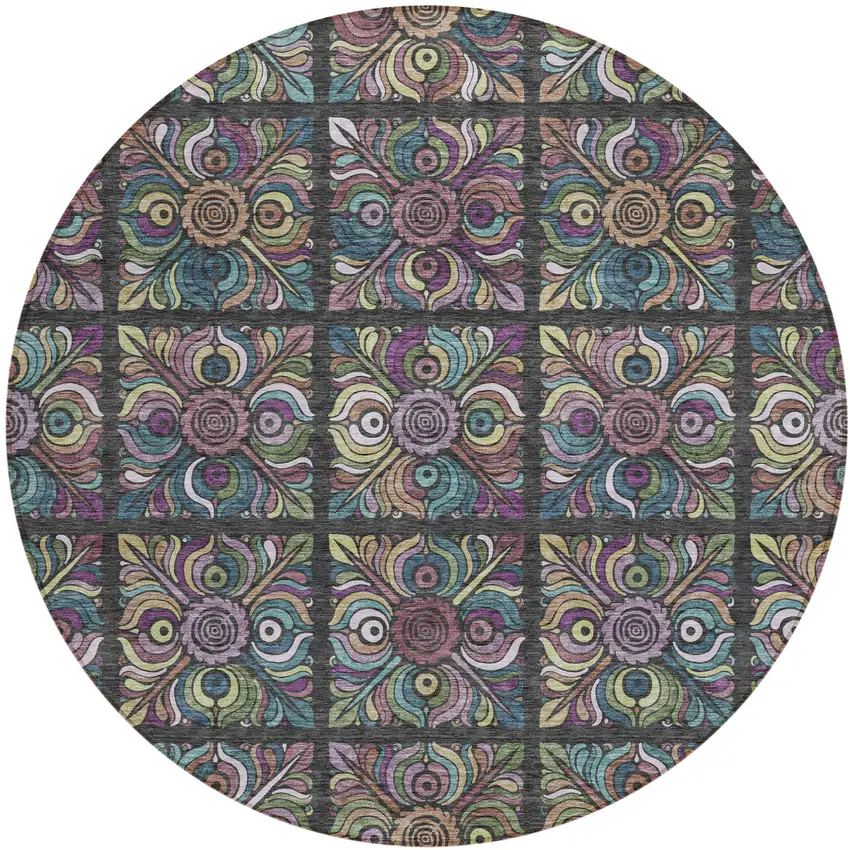 8' Black Purple And Teal Blue Round Medallion Washable Indoor Outdoor Area Rug Photo 2