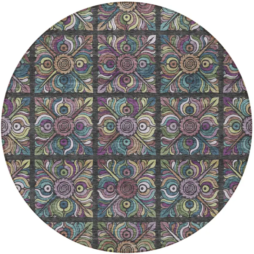 8' Black Purple And Teal Blue Round Medallion Washable Indoor Outdoor Area Rug Photo 6