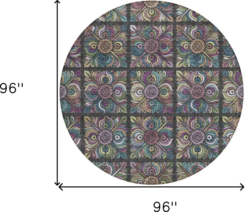 8' Black Purple And Teal Blue Round Medallion Washable Indoor Outdoor Area Rug Photo 3