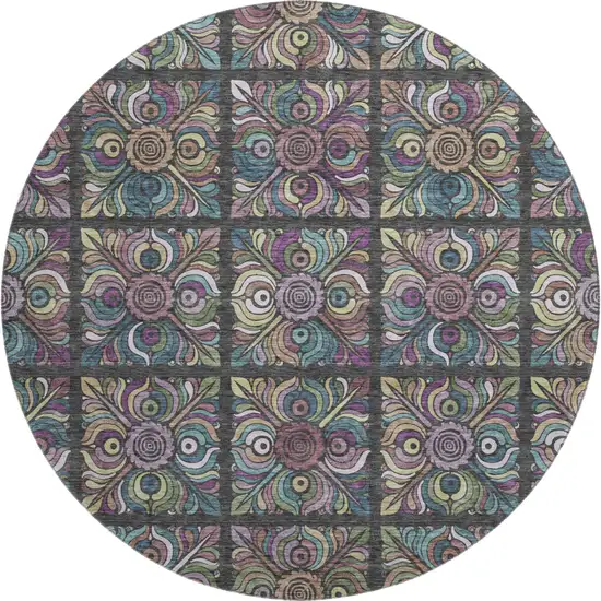 8' Black Purple And Teal Medallion Washable Round Rug With UV Protection Photo 1