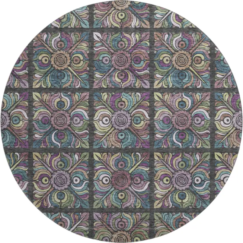 8' Black Purple And Teal Medallion Washable Round Rug With UV Protection Photo 1
