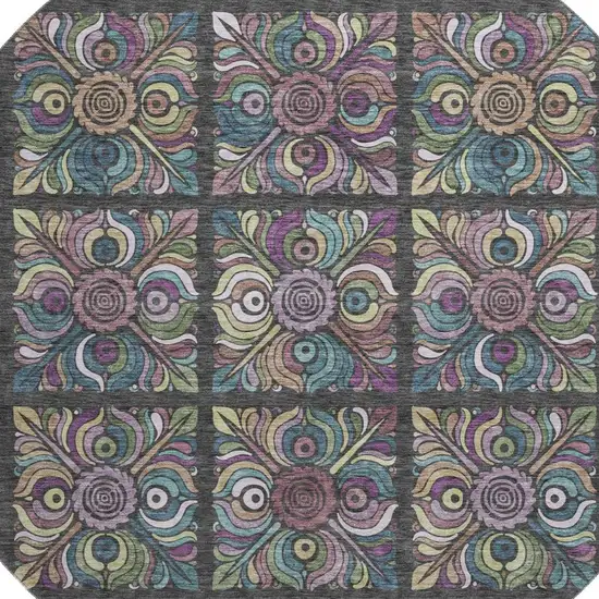 8' Black Purple And Teal Medallion Washable Round Rug With UV Protection Photo 3