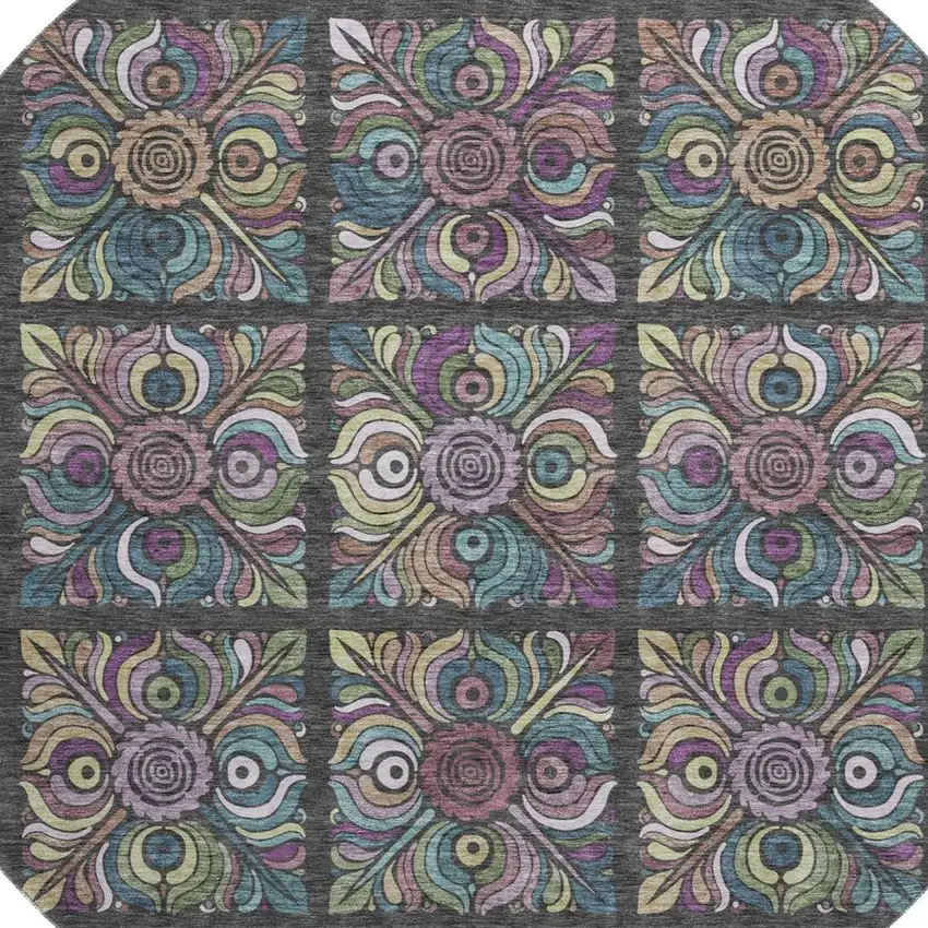 8' Black Purple And Teal Medallion Washable Round Rug With UV Protection Photo 3
