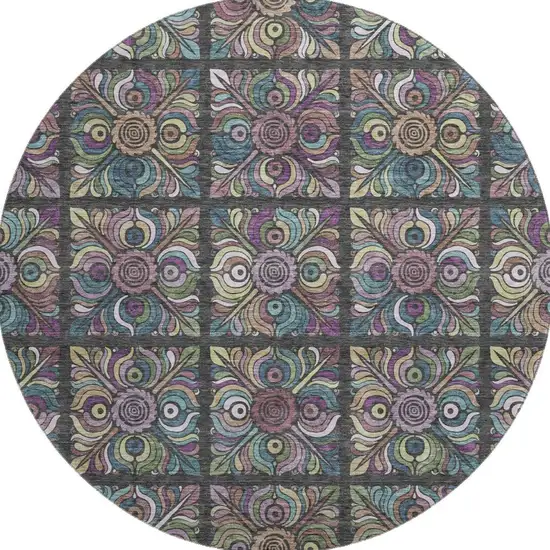 8' Black Purple And Teal Medallion Washable Round Rug With UV Protection Photo 4