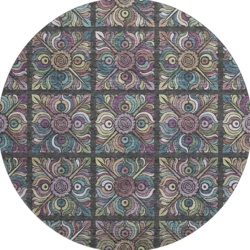 8' Black Purple And Teal Medallion Washable Round Rug With UV Protection Photo 4