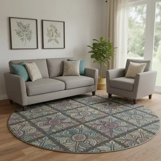 8' Black Purple And Teal Medallion Washable Round Rug With UV Protection Photo 1