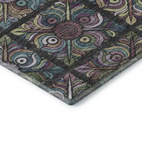 8' Black Purple And Teal Medallion Washable Round Rug With UV Protection Photo 7