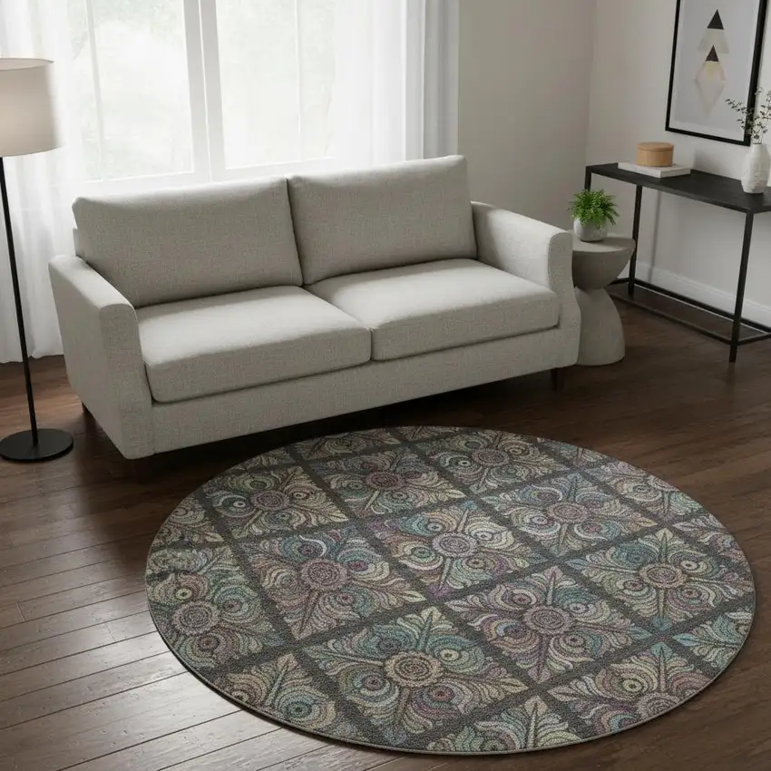 8' Black Purple And Teal Medallion Washable Round Rug With UV Protection Photo 2