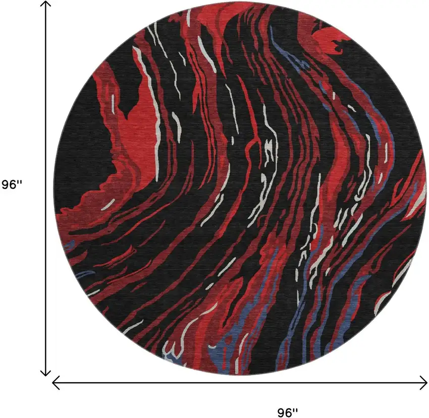 8' Black Red And Blue Abstract Washable Round Rug With UV Protection Photo 8