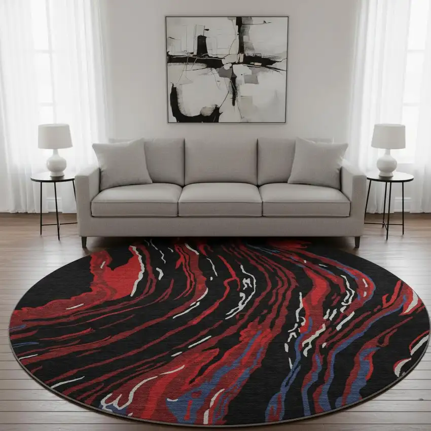 8' Black Red And Blue Abstract Washable Round Rug With UV Protection Photo 2