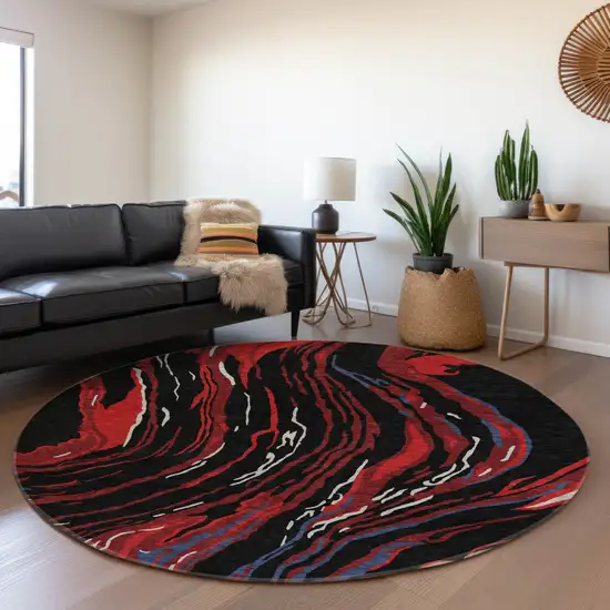 8' Black Red And Blue Abstract Washable Round Rug With UV Protection Photo 3