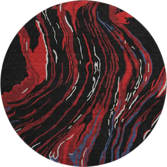 8' Black Red And Blue Abstract Washable Round Rug With UV Protection Photo 1