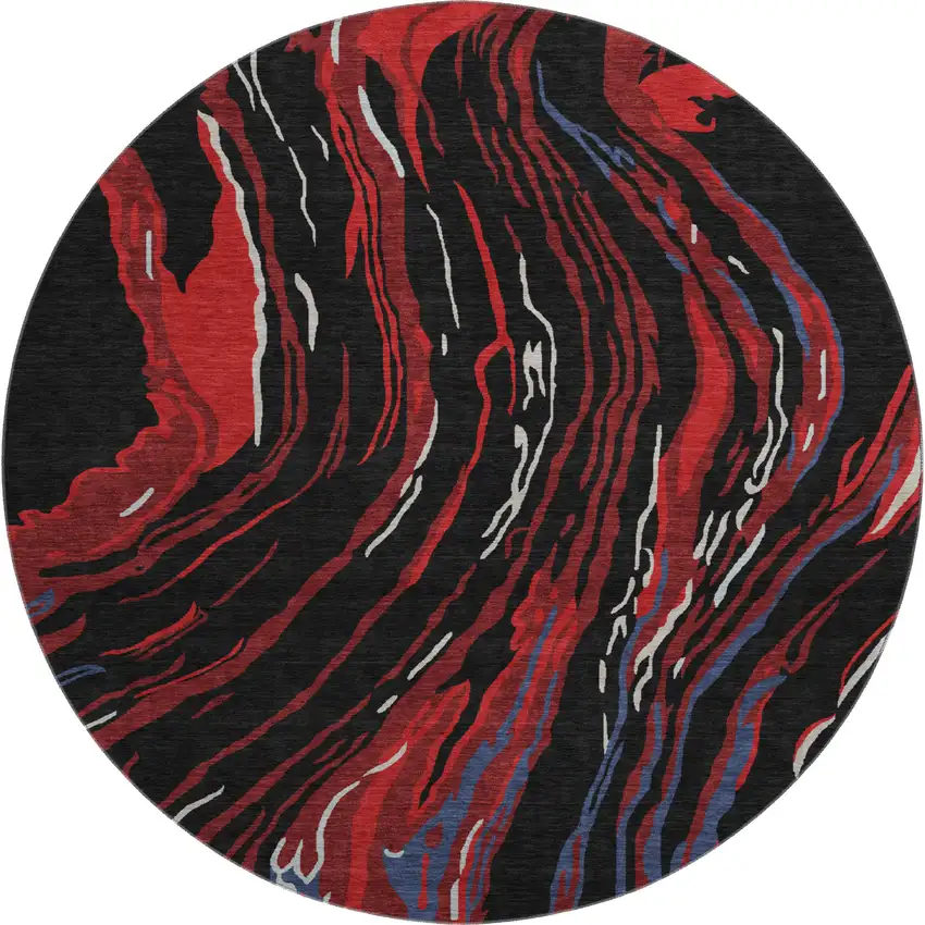 8' Black Red And Blue Abstract Washable Round Rug With UV Protection Photo 1