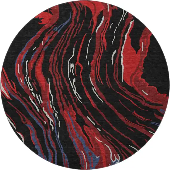 8' Black Red And Blue Abstract Washable Round Rug With UV Protection Photo 2