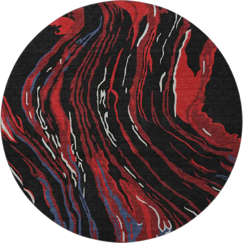 8' Black Red And Blue Abstract Washable Round Rug With UV Protection Photo 2