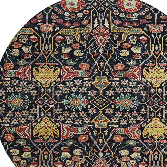 8' Black Red And Gold Round Floral Washable Indoor Outdoor Area Rug Photo 6