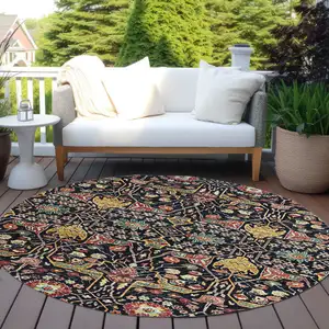 Photo of 8' Black Red And Gold Round Floral Washable Indoor Outdoor Area Rug