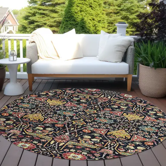 8' Black Red And Gold Round Floral Washable Indoor Outdoor Area Rug Photo 8