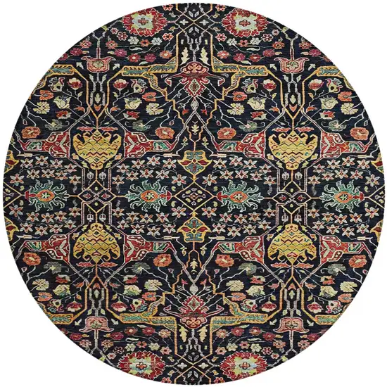8' Black Red And Gold Round Floral Washable Indoor Outdoor Area Rug Photo 7