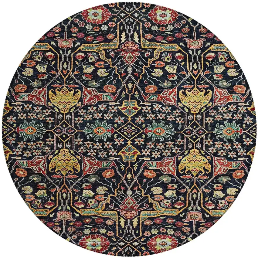 8' Black Red And Gold Round Floral Washable Indoor Outdoor Area Rug Photo 7