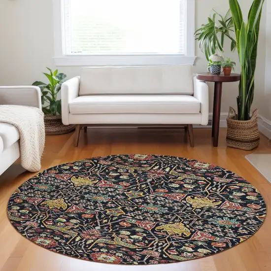 8' Black Red And Gold Round Floral Washable Indoor Outdoor Area Rug Photo 9