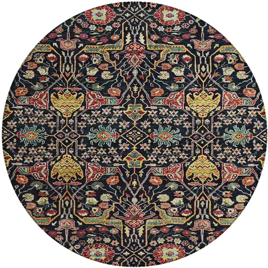 8' Black Red And Gold Round Floral Washable Indoor Outdoor Area Rug Photo 2