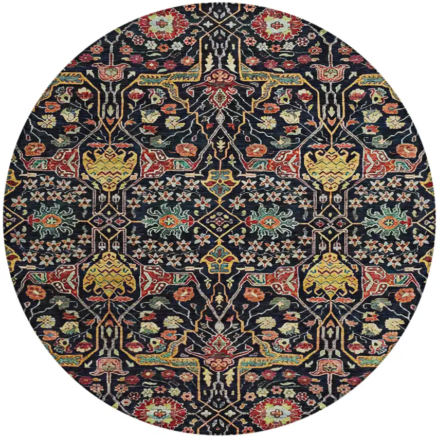 8' Black Red And Gold Round Floral Washable Indoor Outdoor Area Rug Photo 2
