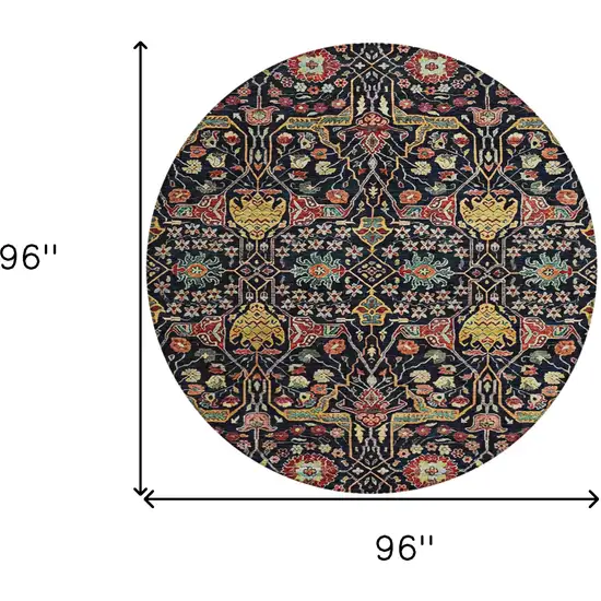 8' Black Red And Gold Round Floral Washable Indoor Outdoor Area Rug Photo 8