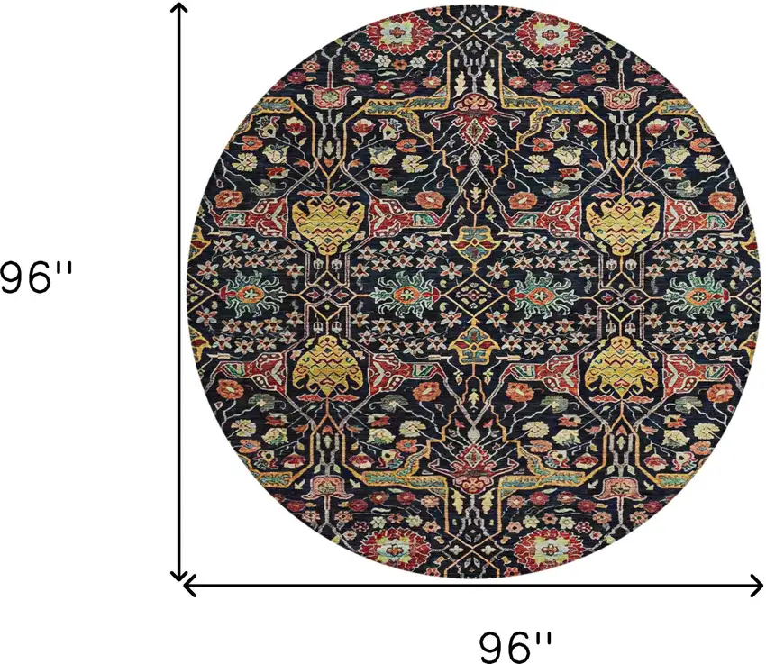 8' Black Red And Gold Round Floral Washable Indoor Outdoor Area Rug Photo 8