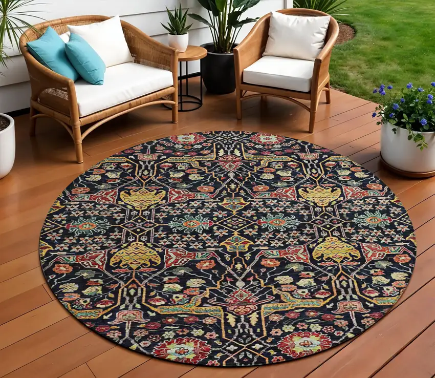 8' Black Red And Gold Round Floral Washable Indoor Outdoor Area Rug Photo 1