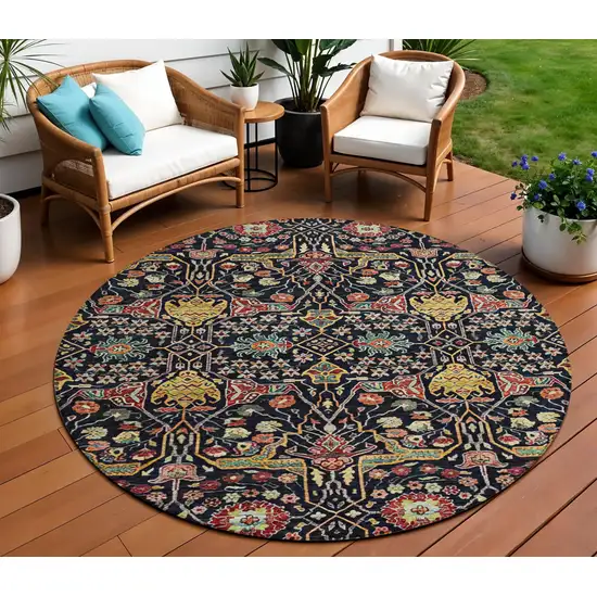 8' Black Red And Gold Round Floral Washable Indoor Outdoor Area Rug Photo 1