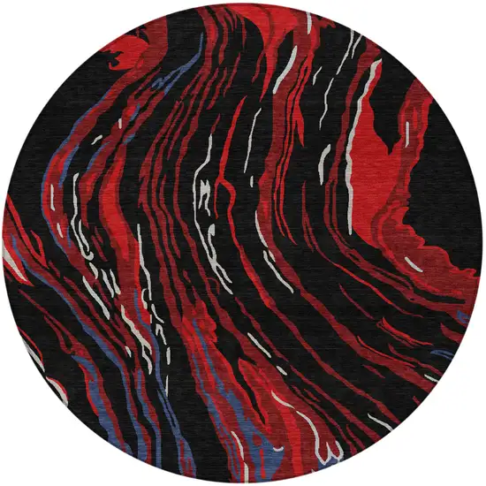 8' Black Red And Gray Round Abstract Washable Indoor Outdoor Area Rug Photo 6