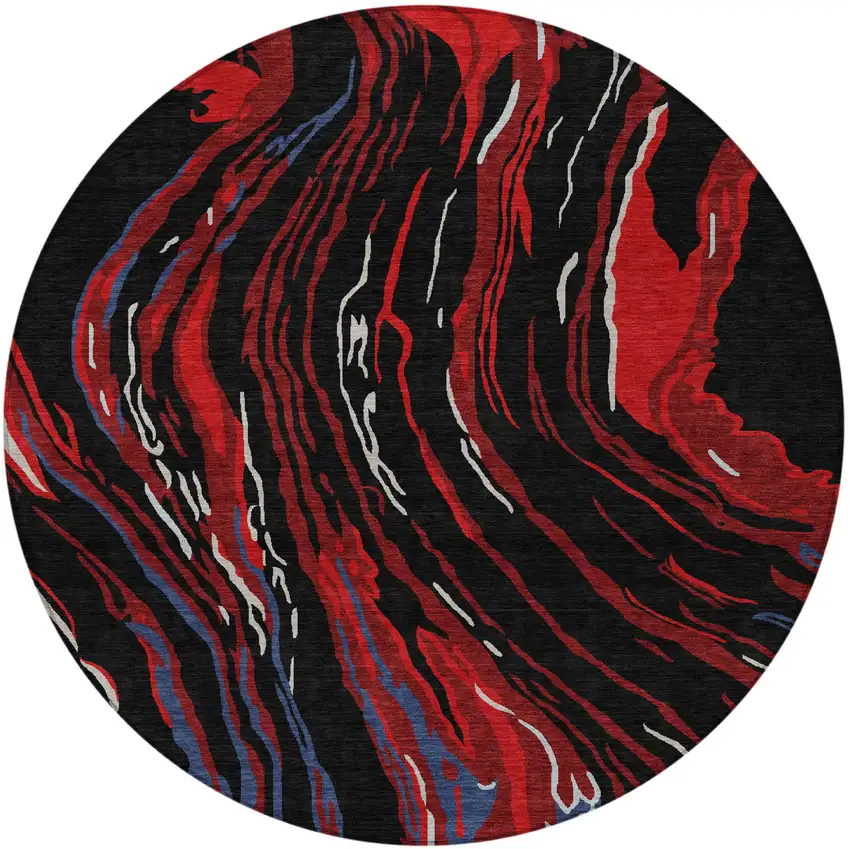 8' Black Red And Gray Round Abstract Washable Indoor Outdoor Area Rug Photo 6