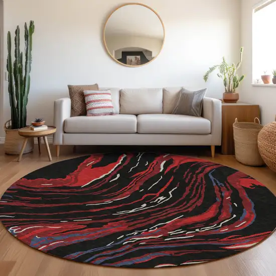 8' Black Red And Gray Round Abstract Washable Indoor Outdoor Area Rug Photo 8