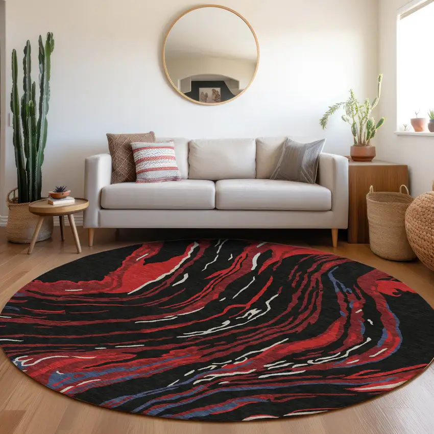 8' Black Red And Gray Round Abstract Washable Indoor Outdoor Area Rug Photo 8
