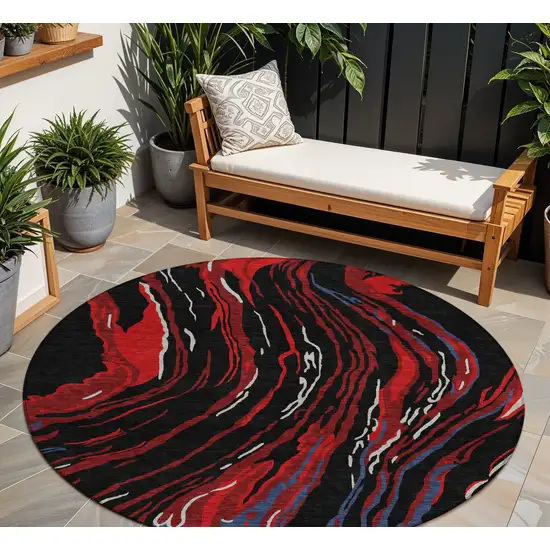 8' Black Red And Gray Round Abstract Washable Indoor Outdoor Area Rug Photo 1