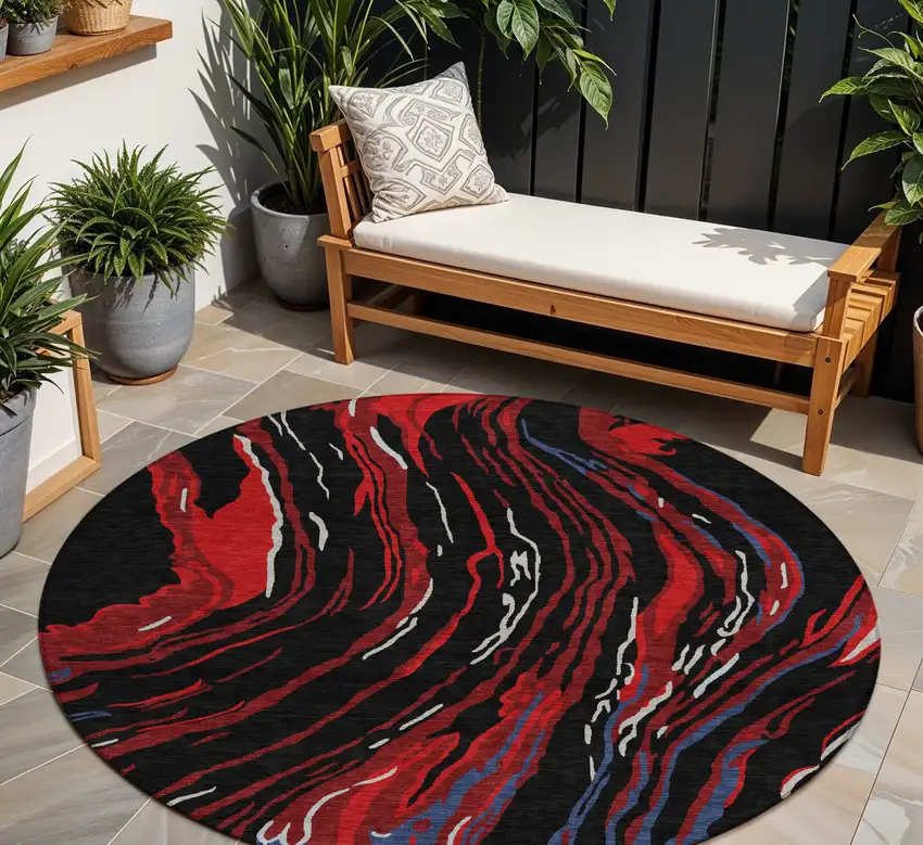 8' Black Red And Gray Round Abstract Washable Indoor Outdoor Area Rug Photo 1