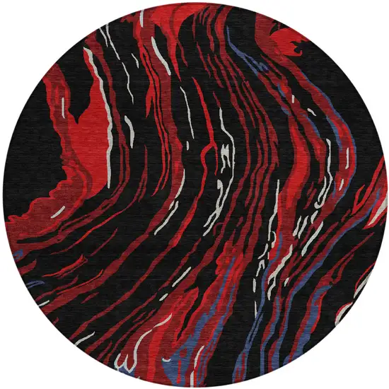 8' Black Red And Gray Round Abstract Washable Indoor Outdoor Area Rug Photo 2