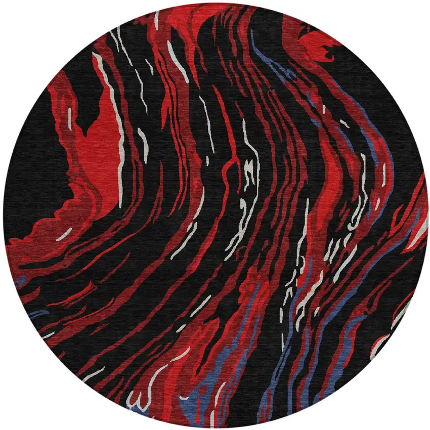 8' Black Red And Gray Round Abstract Washable Indoor Outdoor Area Rug Photo 2