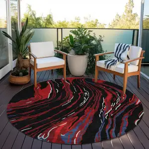 Photo of 8' Black Red And Gray Round Abstract Washable Indoor Outdoor Area Rug