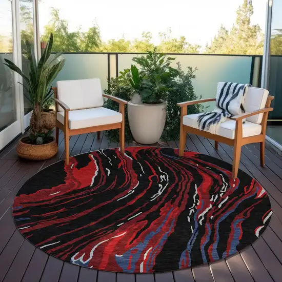 8' Black Red And Gray Round Abstract Washable Indoor Outdoor Area Rug Photo 7