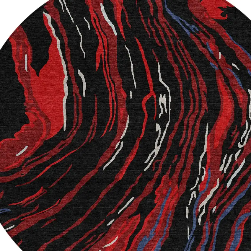 8' Black Red And Gray Round Abstract Washable Indoor Outdoor Area Rug Photo 5