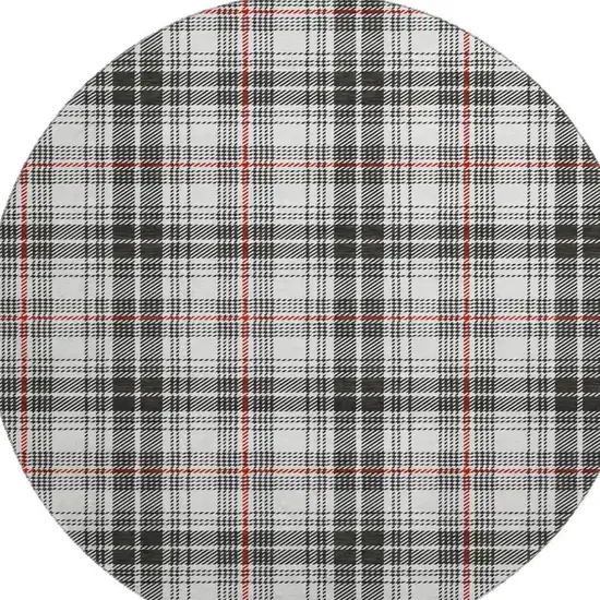 8' Black Red And Ivory Plaid Washable Round Rug With UV Protection Photo 2