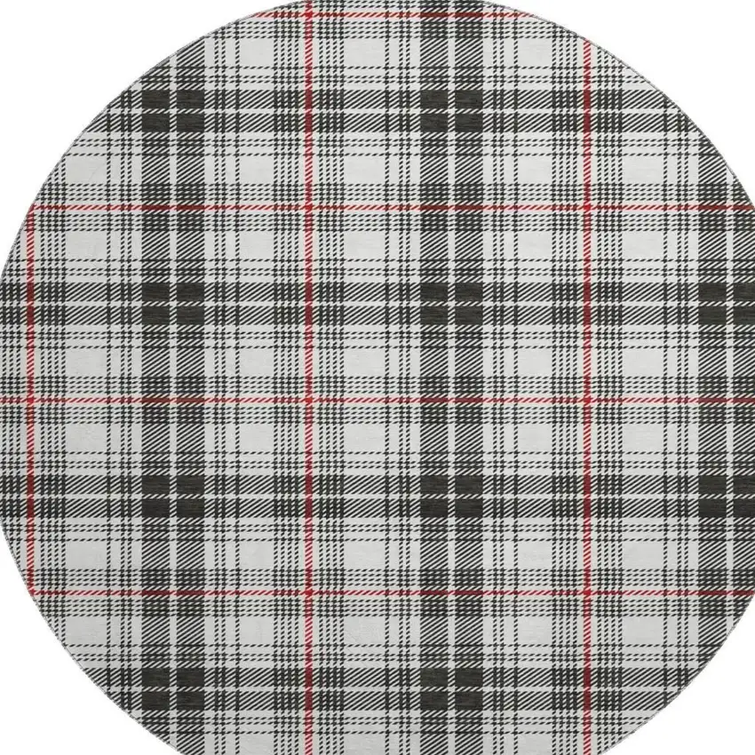 8' Black Red And Ivory Plaid Washable Round Rug With UV Protection Photo 2