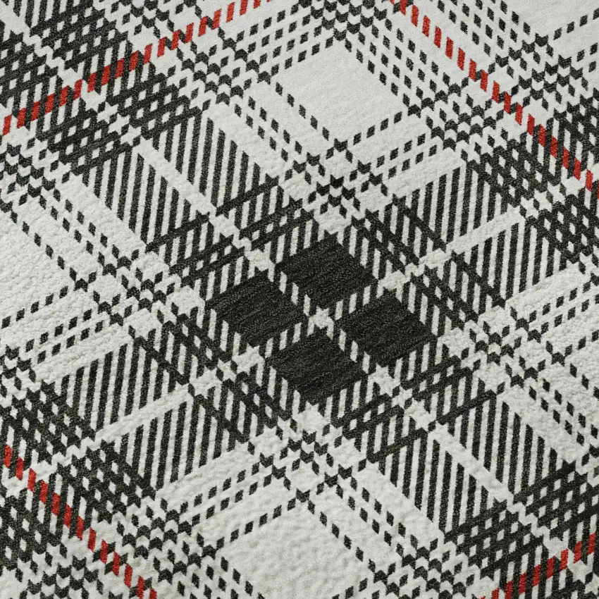 8' Black Red And Ivory Plaid Washable Round Rug With UV Protection Photo 8