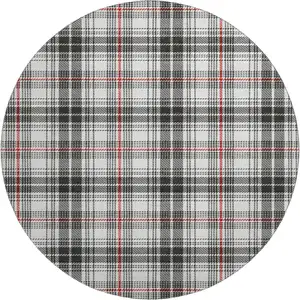 Photo of 8' Black Red And Ivory Plaid Washable Round Rug With UV Protection