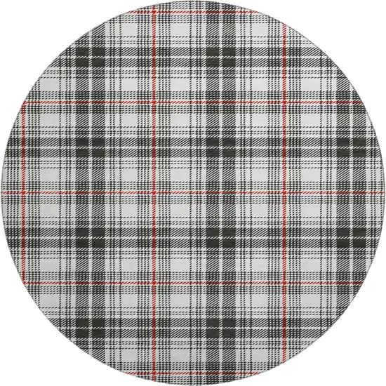 8' Black Red And Ivory Plaid Washable Round Rug With UV Protection Photo 1