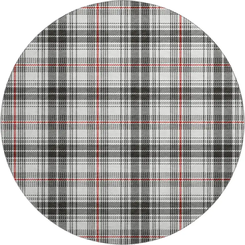 8' Black Red And Ivory Plaid Washable Round Rug With UV Protection Photo 1